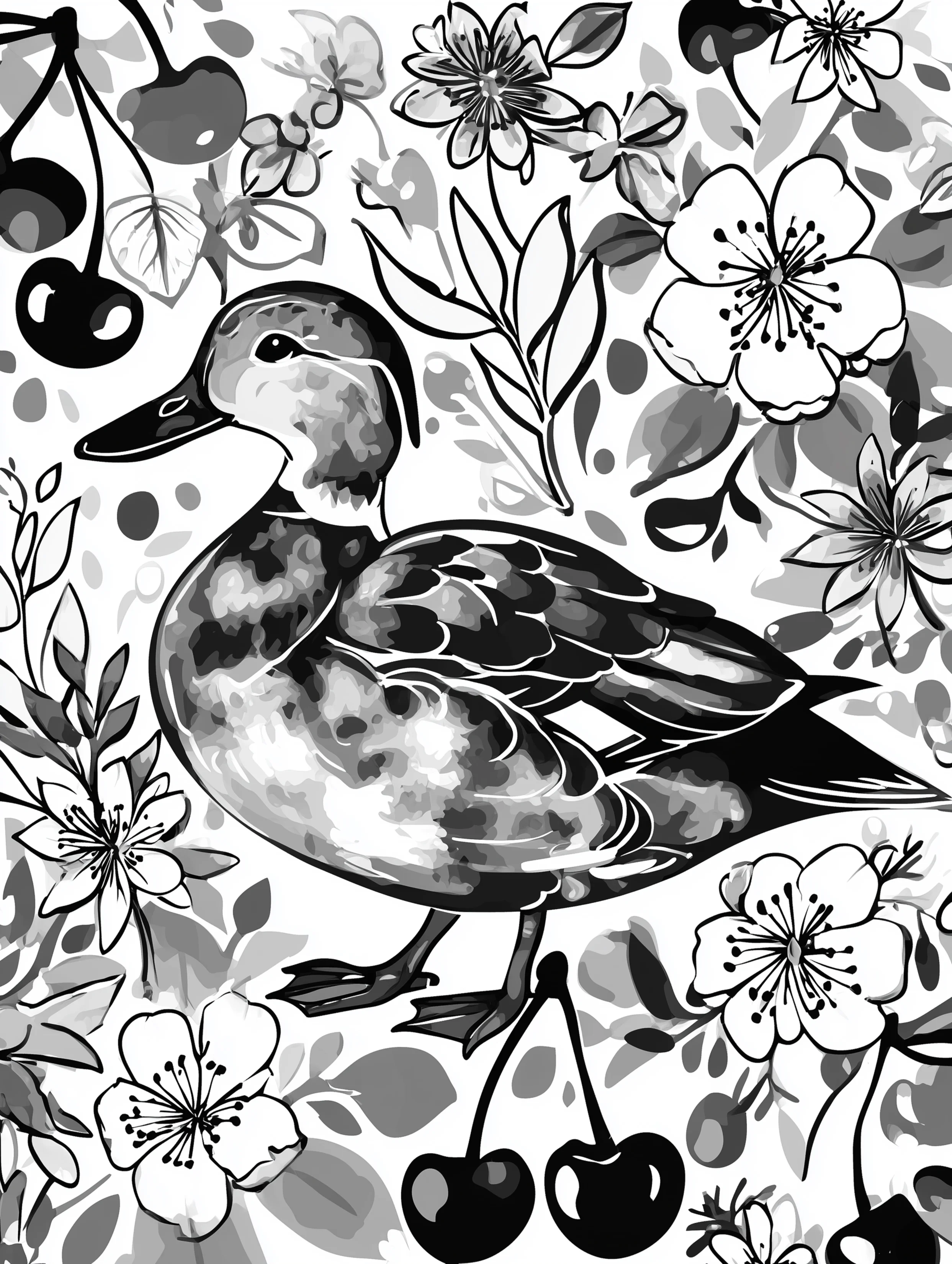Free printable duck coloring page for adults featuring a duck with cherries